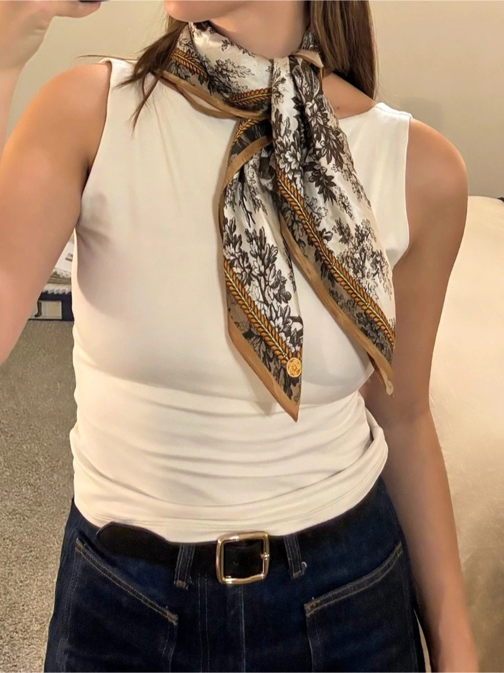 Floral Print Scarf in White & Brown Like New